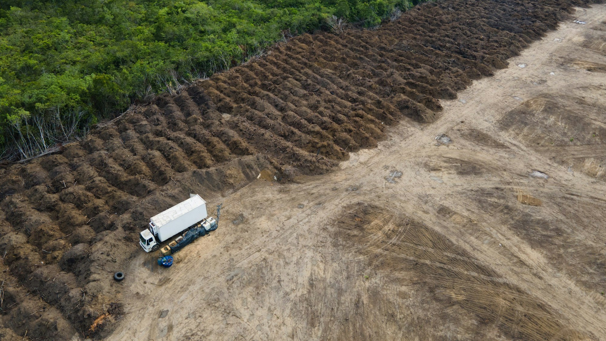 Ein Lastwagen steht in einem abgeholzten Gebiet des Amazonas.