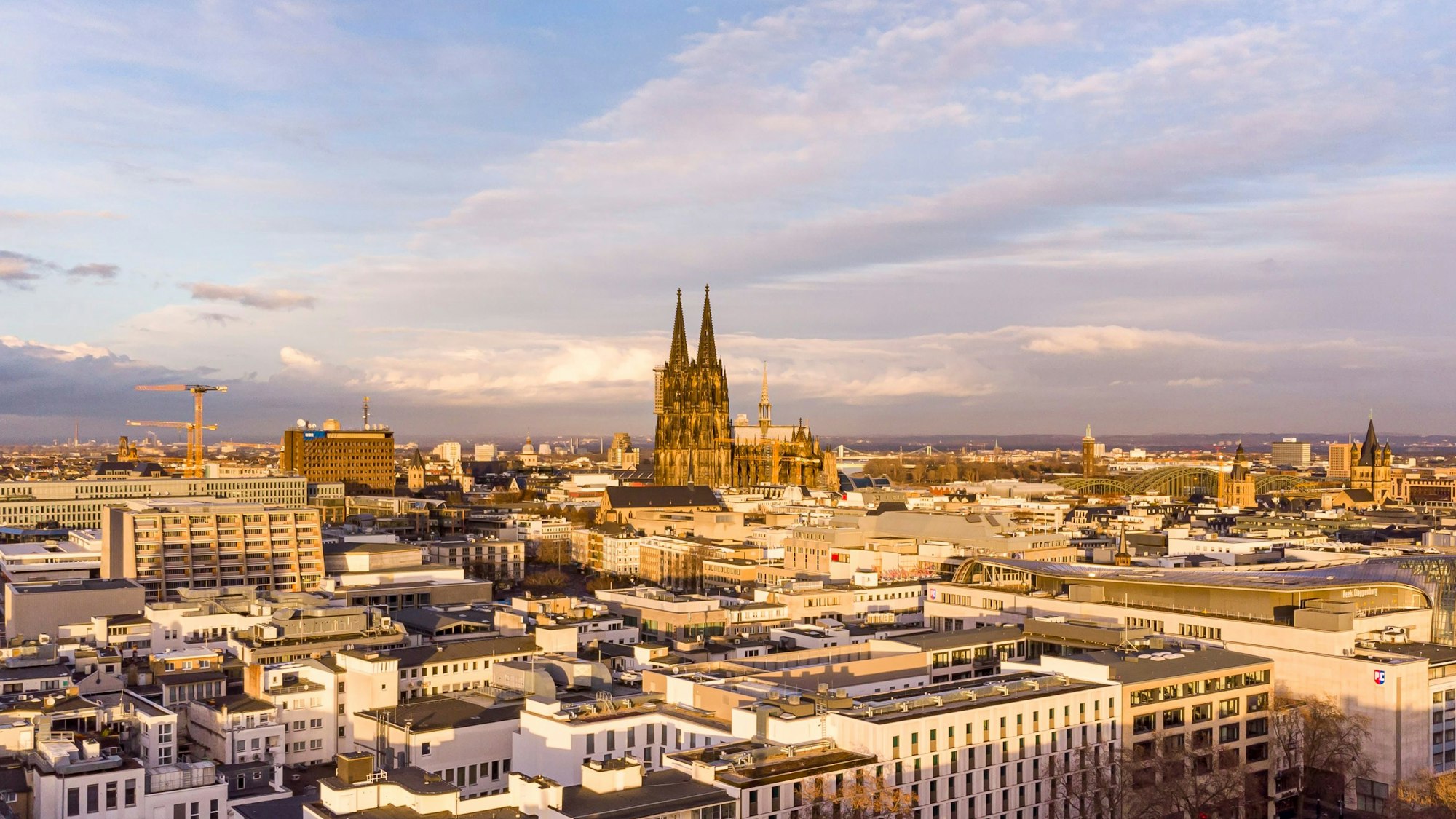 Luftaufnahme auf Köln mit dem Dom bei Abendsonne.