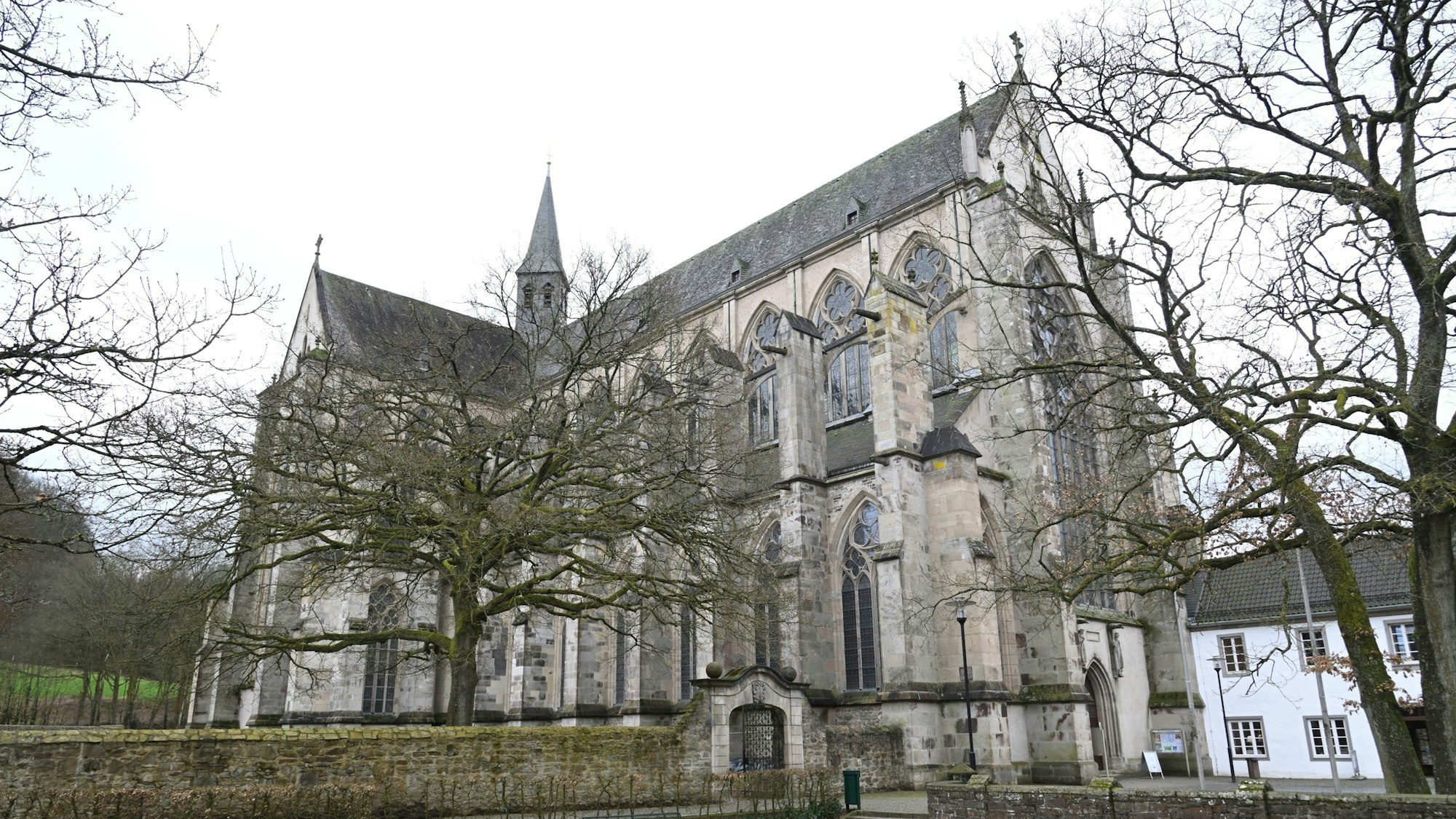Der Altenberger Dom in Odenthal, davor winterliche Bäume.