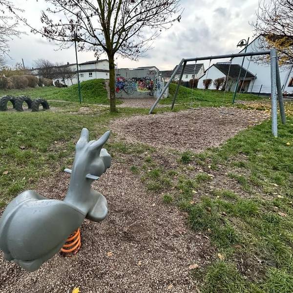 Ein leerer Spielplatz in Niederkassel. Im Vordergrund ist eine Wippe für eine Person, die die Form eines Esels hat. Im Hintergrund sind Schaukeln und Reifen.