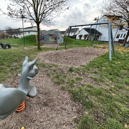 Ein leerer Spielplatz in Niederkassel. Im Vordergrund ist eine Wippe für eine Person, die die Form eines Esels hat. Im Hintergrund sind Schaukeln und Reifen.
