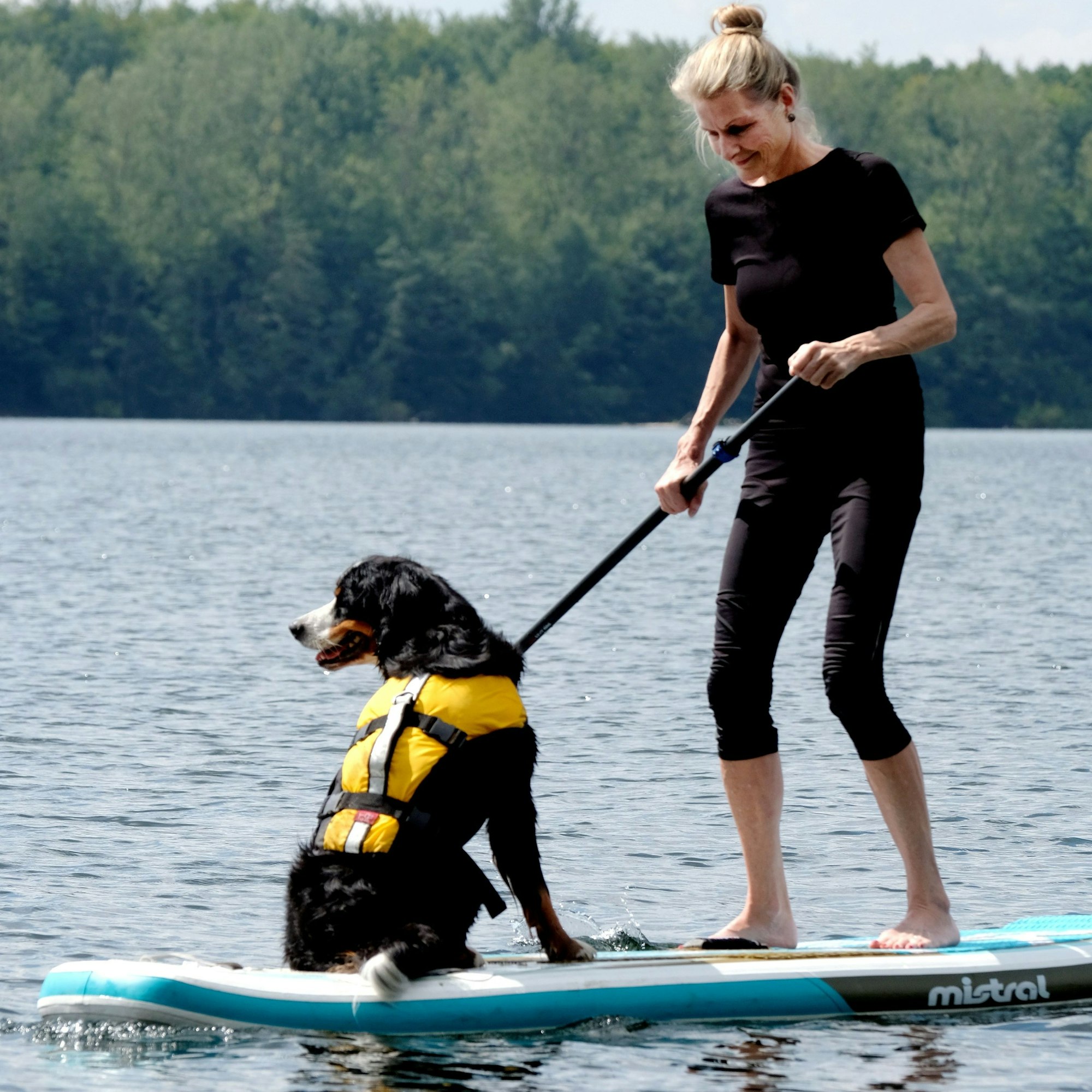 Susanne Hengesbach und Berner Sennenhund Fanny auf Paddelboard.