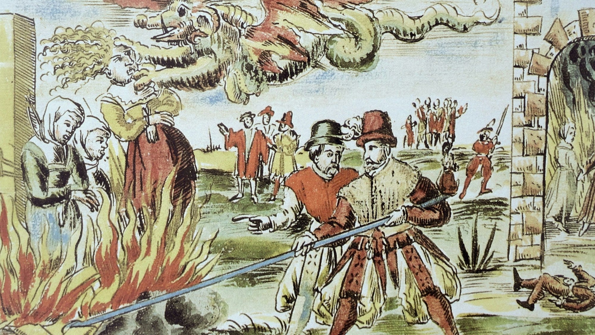 Die Zeichnung zeigt zwei Männer, die einen Scheiterhaufen entzünden, auf dem drei Frauen verbrannt werden, die man für Hexen hält