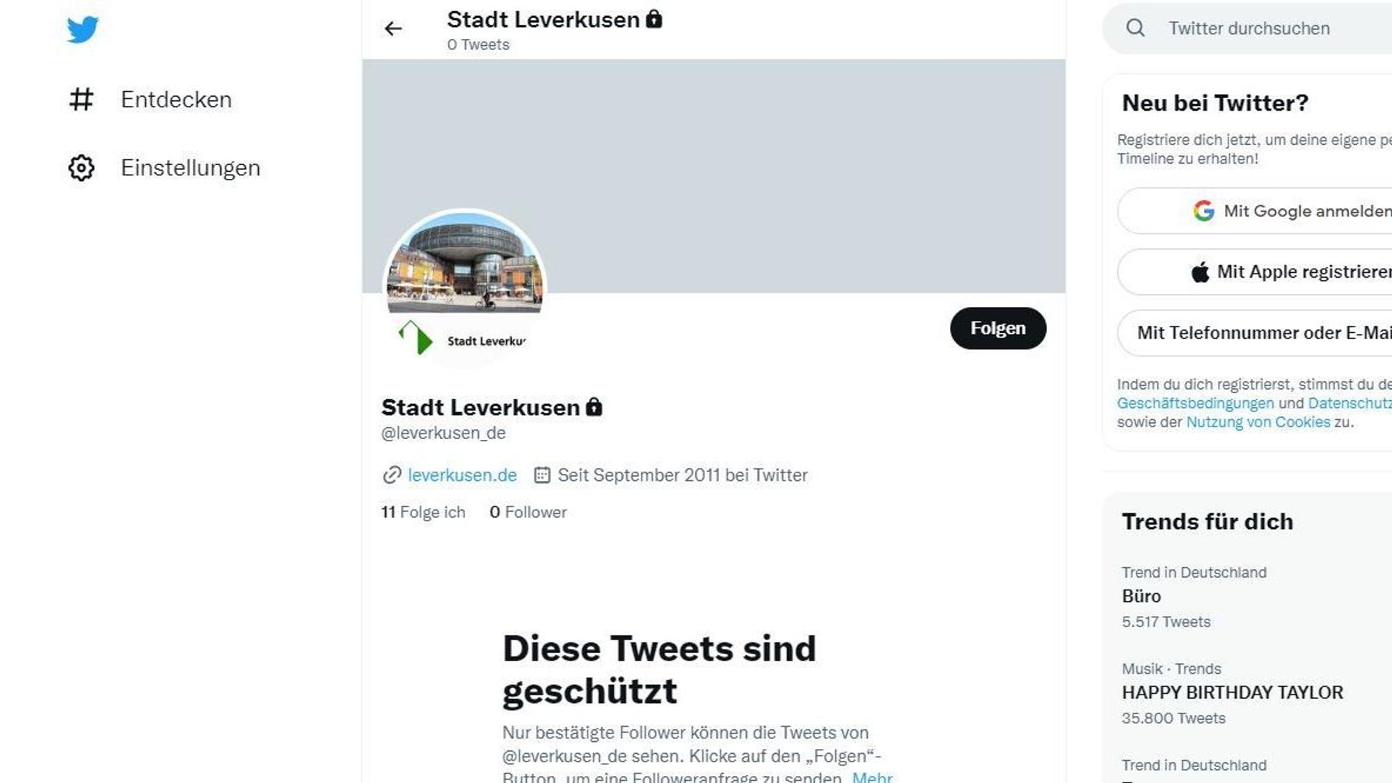 Screenshot von Twitter: Der städtische Account @Leverkusen_de ist zu sehen.