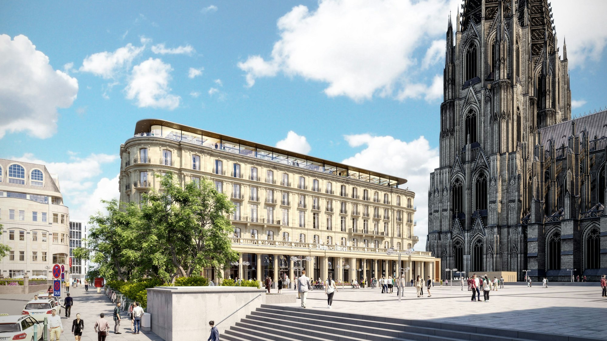 Das Bild zeigt eine Visualisierung, wie das Dom-Hotel nach der Fertigstellung einmal aussehen soll.