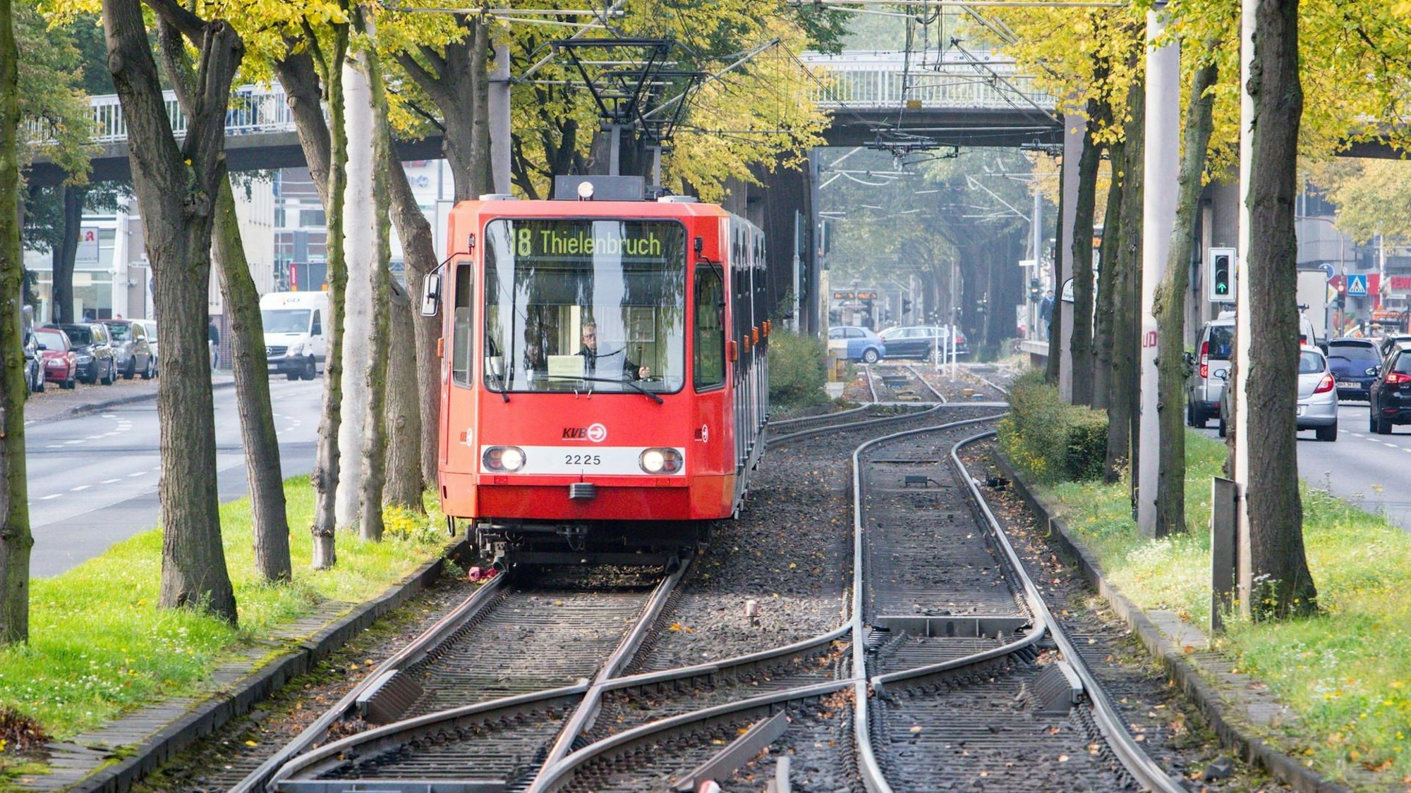 Eine Straßenbahn der Linie 18 der Kölner Verkehrsbetriebe. Die Straßenbahn fährt über eine Trasse auf einer größeren Straße.