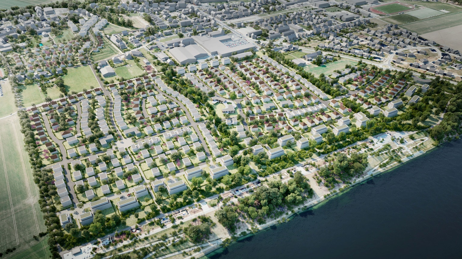 Eine Visualisierung der Zülpicher Seeterrassen zeigt reihenweise weiße Gebäude am Seeufer, wo bisher Freifläche liegt.