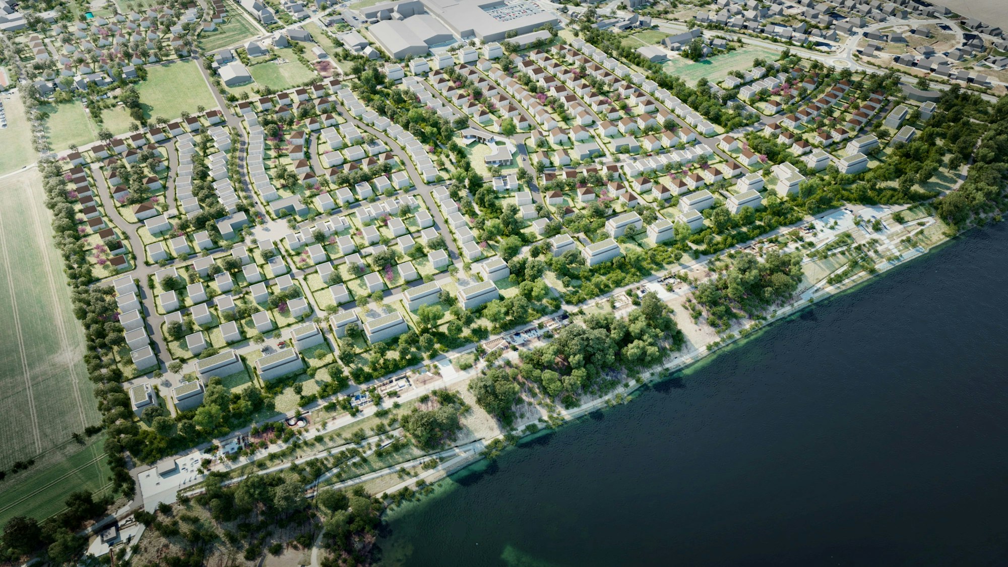 Eine Visualisierung der Zülpicher Seeterrassen zeigt reihenweise weiße Gebäude am Seeufer, wo bisher Freifläche liegt.