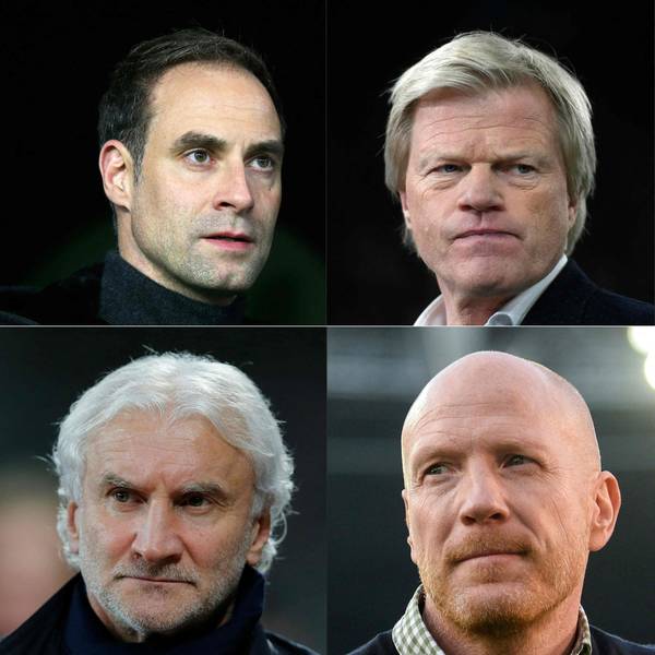 (COMBO) This combination created on December 13, 2022 of six pictures shows (Top L-R) the DFB logo ( on December 13, 2022) and members of an expert panel appointed by the German Football Association DFB, Oliver Mintzlaff (on December 12, 2017 in Wolfsburg), Oliver Kahn (on January 17, 2020 in Gelsenkirchen, (bottom row L-R) Karl-Heinz Rummenigge (on May 29, 2017 in Munich), Rudi Voeller (on February 15, 2014 in Leverkusen) and Matthias Sammer (on December 19, 2015 in Hanover). - DFB-President Bernd Neuendorf announced on December 13, 2022 that the panel was created following the German national football team's bad performance at the Qatar 2022 Football World Cup, in order to support the association in crisis management. The German national team had crashed out in the group stage of the Qatar tournament for the second consecutive World Cup. (Photo by AFP)