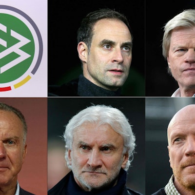 (COMBO) This combination created on December 13, 2022 of six pictures shows (Top L-R) the DFB logo ( on December 13, 2022) and members of an expert panel appointed by the German Football Association DFB, Oliver Mintzlaff (on December 12, 2017 in Wolfsburg), Oliver Kahn (on January 17, 2020 in Gelsenkirchen, (bottom row L-R) Karl-Heinz Rummenigge (on May 29, 2017 in Munich), Rudi Voeller (on February 15, 2014 in Leverkusen) and Matthias Sammer (on December 19, 2015 in Hanover). - DFB-President Bernd Neuendorf announced on December 13, 2022 that the panel was created following the German national football team's bad performance at the Qatar 2022 Football World Cup, in order to support the association in crisis management. The German national team had crashed out in the group stage of the Qatar tournament for the second consecutive World Cup. (Photo by AFP)