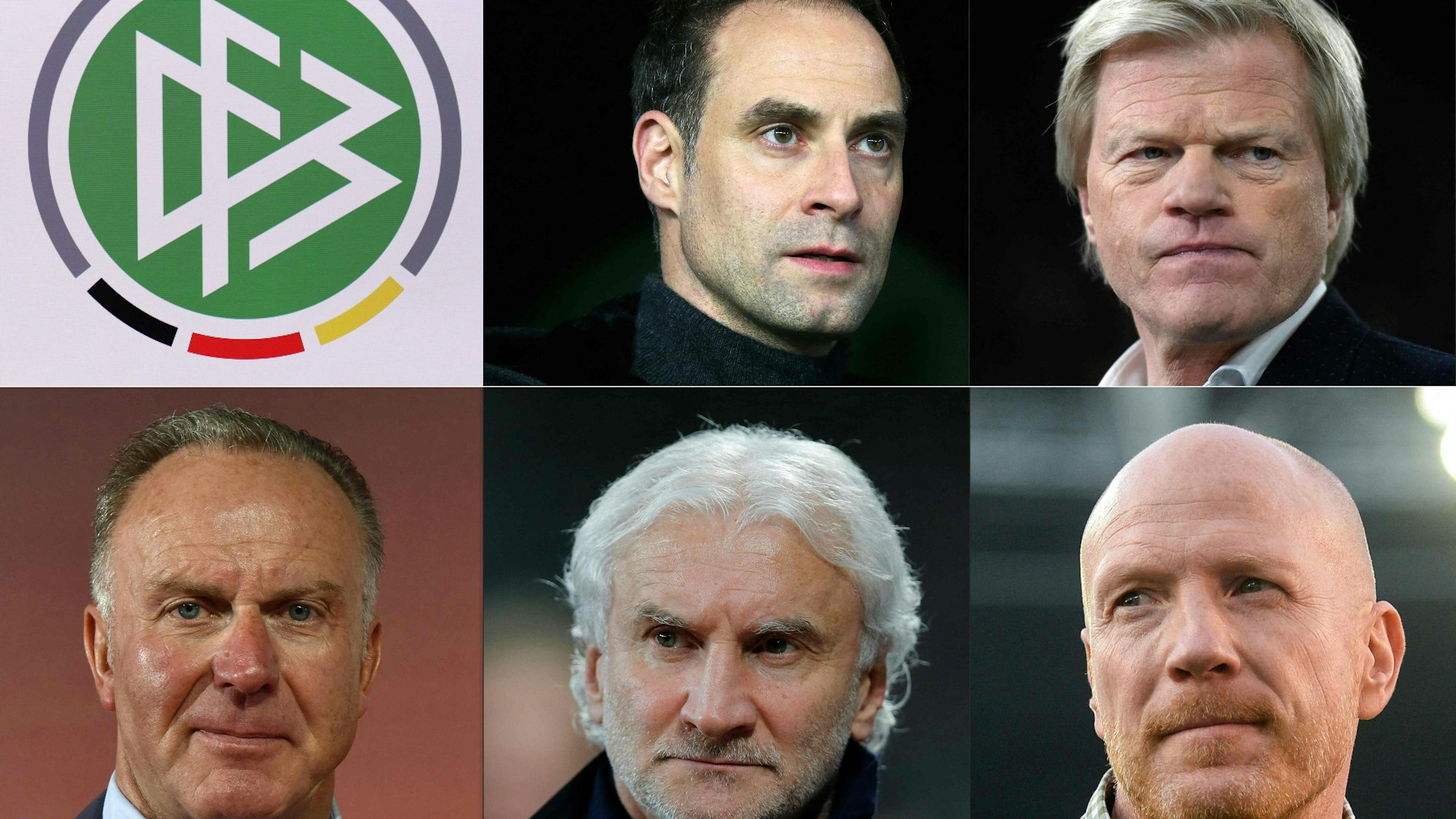 (COMBO) This combination created on December 13, 2022 of six pictures shows (Top L-R) the DFB logo ( on December 13, 2022) and members of an expert panel appointed by the German Football Association DFB, Oliver Mintzlaff (on December 12, 2017 in Wolfsburg), Oliver Kahn (on January 17, 2020 in Gelsenkirchen, (bottom row L-R) Karl-Heinz Rummenigge (on May 29, 2017 in Munich), Rudi Voeller (on February 15, 2014 in Leverkusen) and Matthias Sammer (on December 19, 2015 in Hanover). - DFB-President Bernd Neuendorf announced on December 13, 2022 that the panel was created following the German national football team's bad performance at the Qatar 2022 Football World Cup, in order to support the association in crisis management. The German national team had crashed out in the group stage of the Qatar tournament for the second consecutive World Cup. (Photo by AFP)