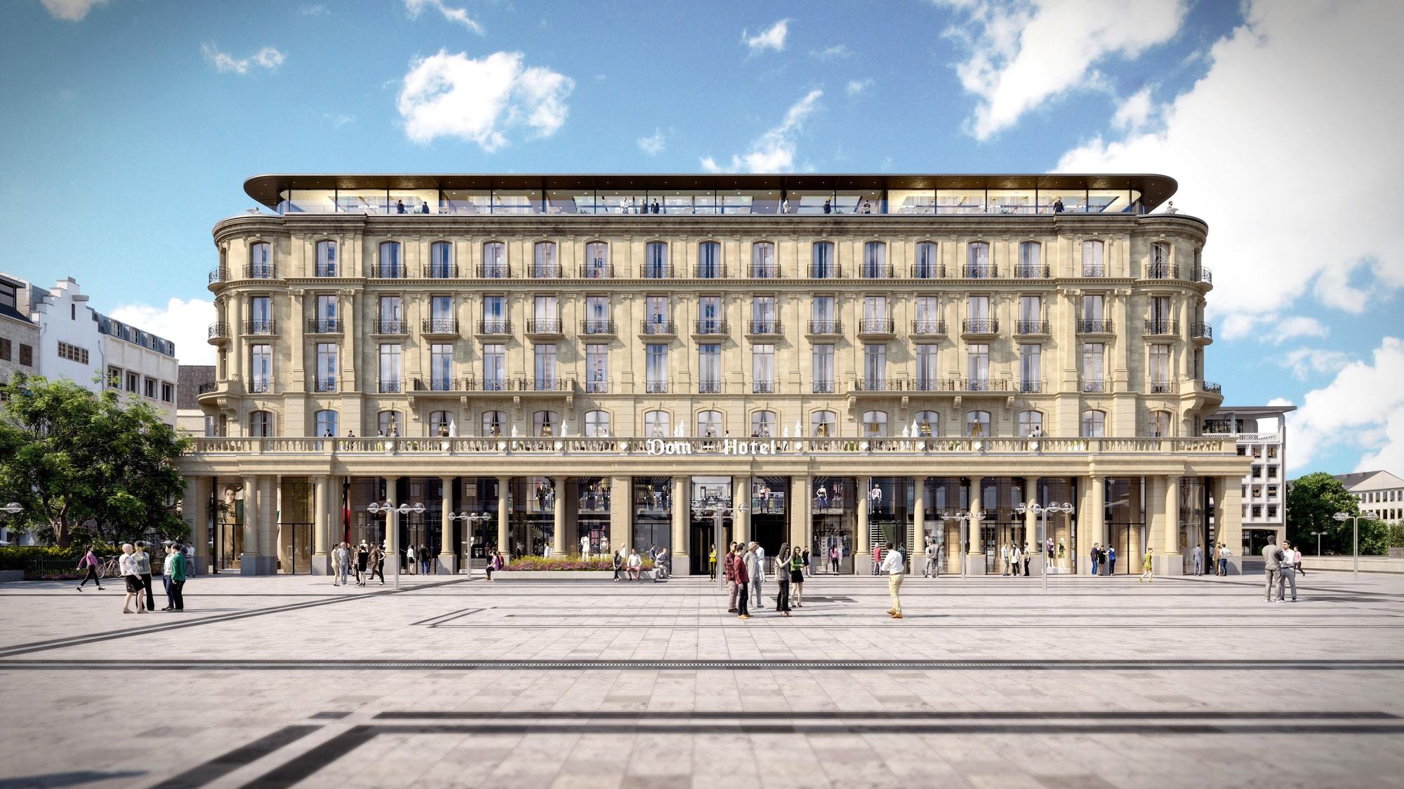 Das Bild zeigt eine Visualisierung, wie das Dom-Hotel nach der Fertigstellung einmal aussehen soll.