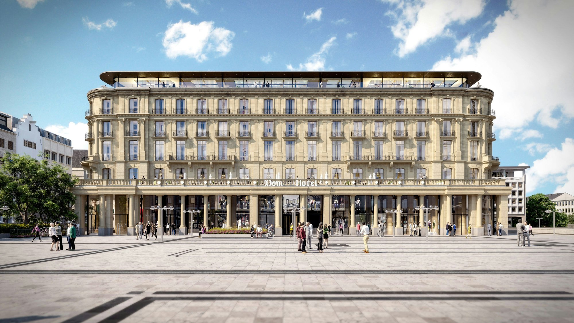 Das Bild zeigt eine Visualisierung, wie das Dom-Hotel nach der Fertigstellung einmal aussehen soll.