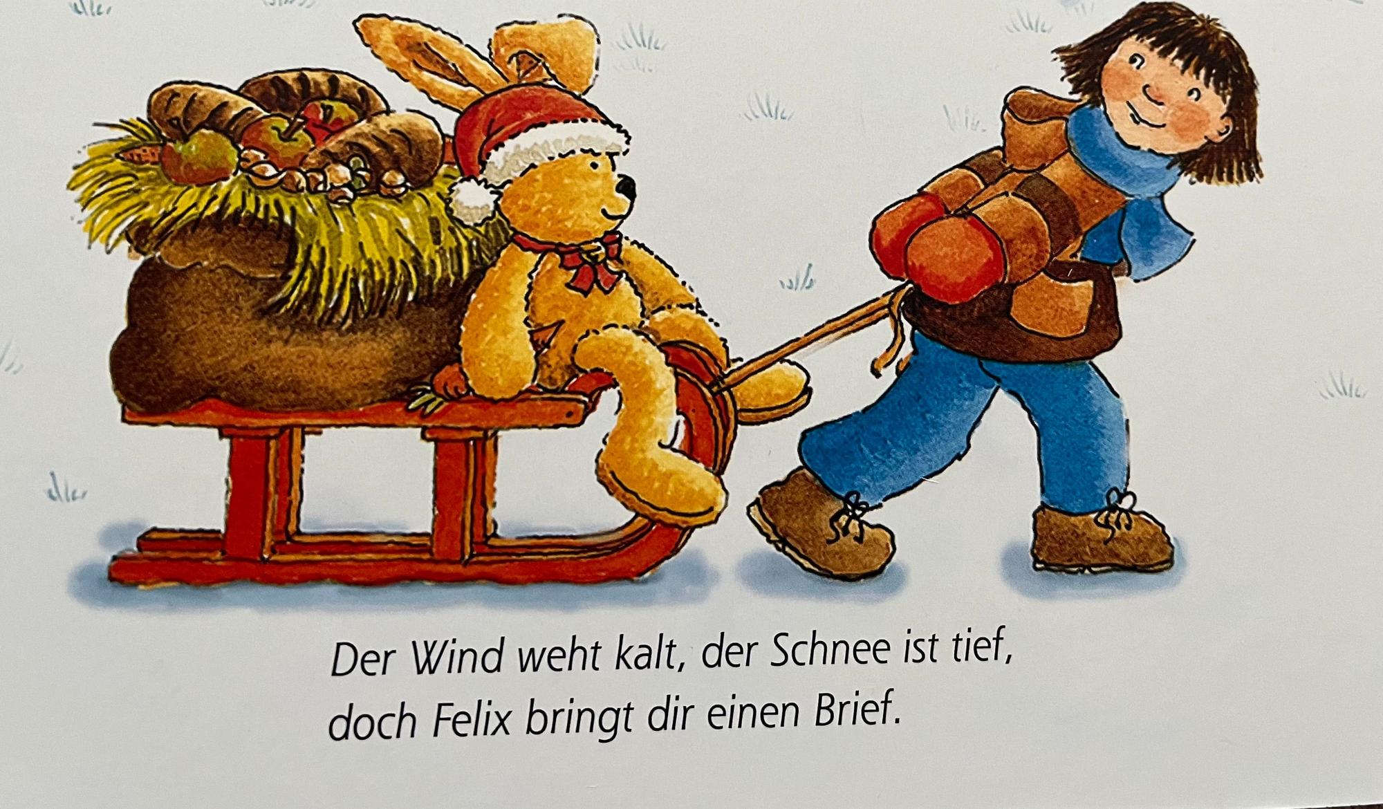 Bilderbuchdarstellung von Hase Felix auf einem Schlitten und Sophie