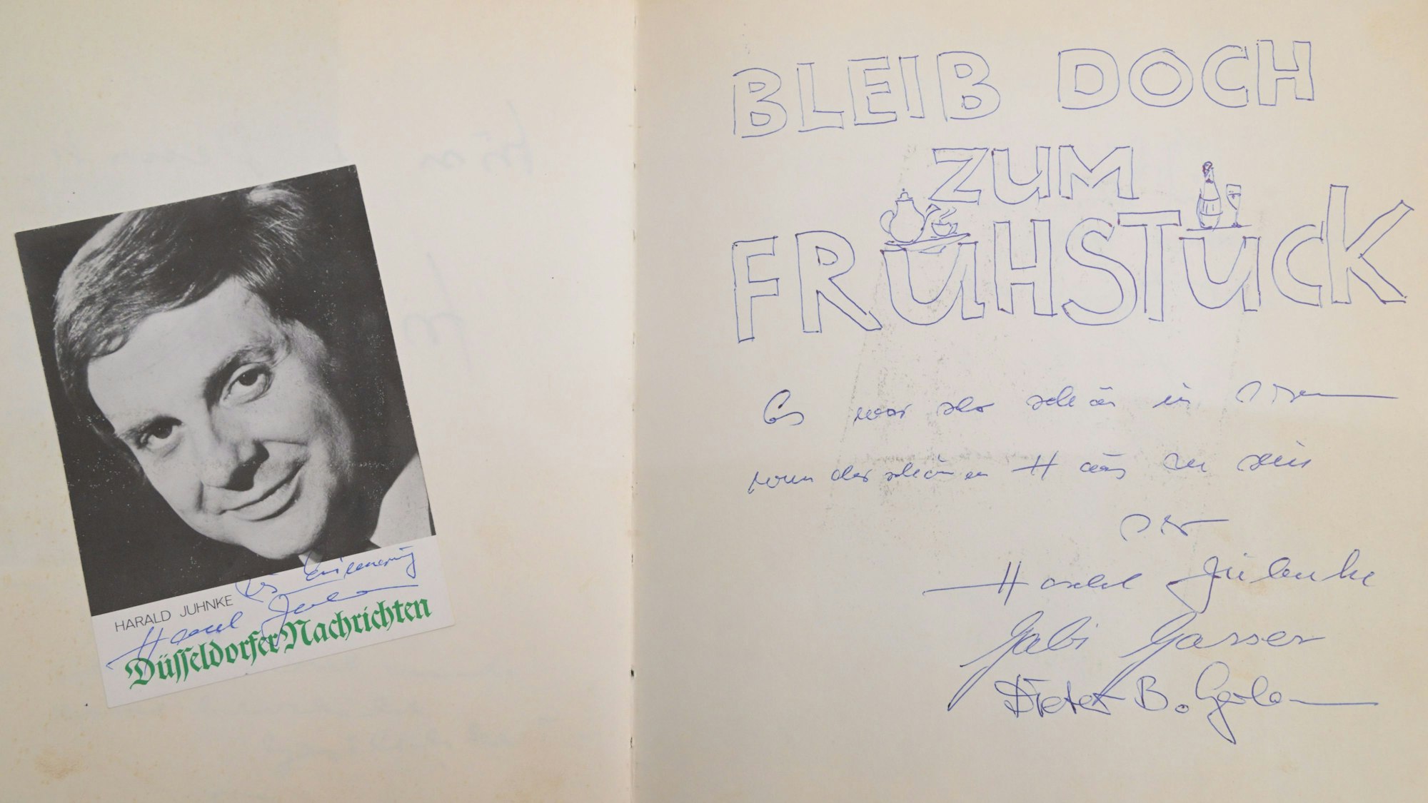 Ein Eintrag im Gästebuch des Gronauer Tannenhofs zeigt links Harald Juhnke und rechts einen handgeschriebenen Gruß von ihm: „Bleib doch zum Frühstück.“