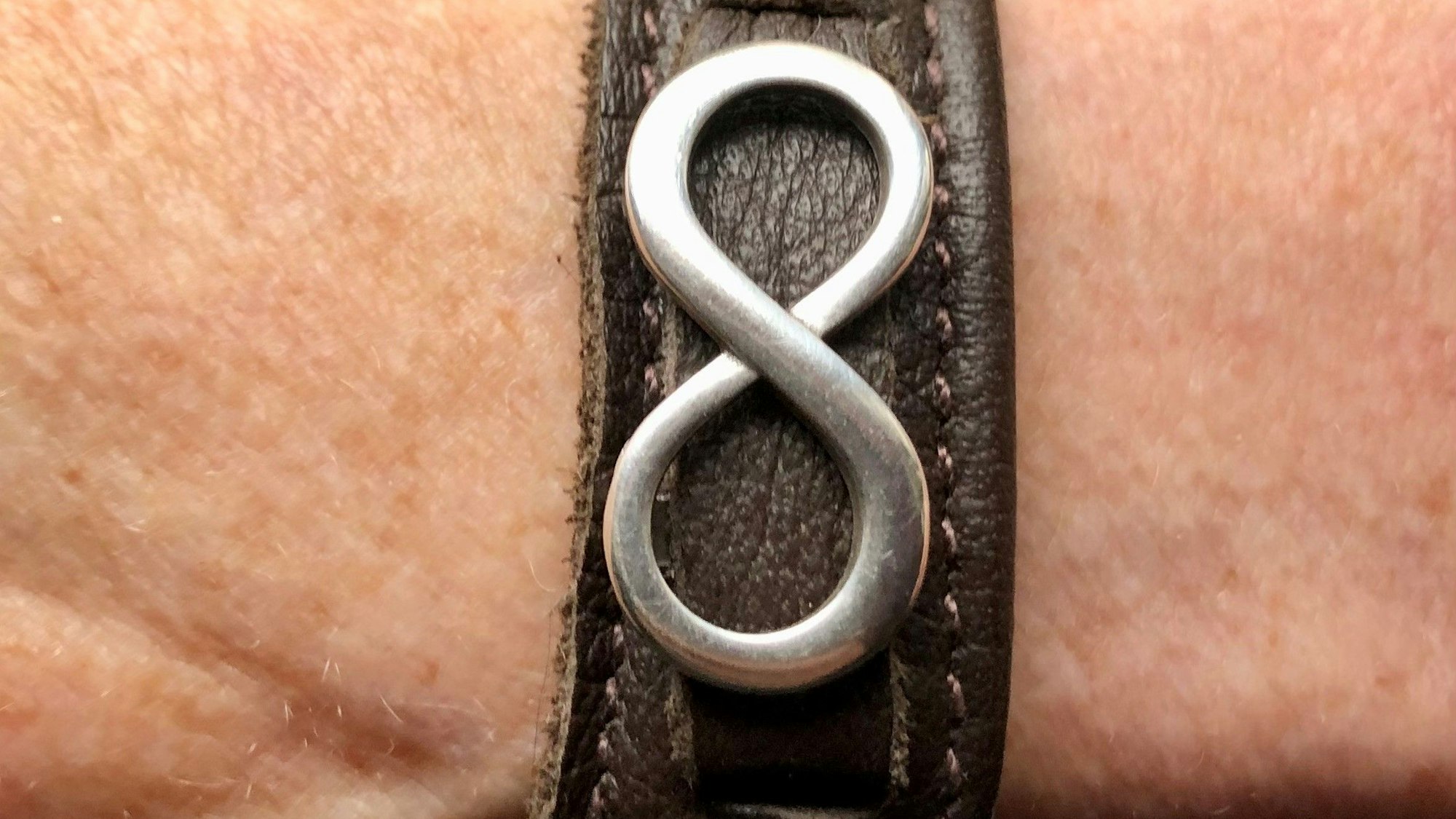 Ein Lederarmband mit Unendlichkeitszeichen. Darin befinden sich Haare von Hündin Fanny.