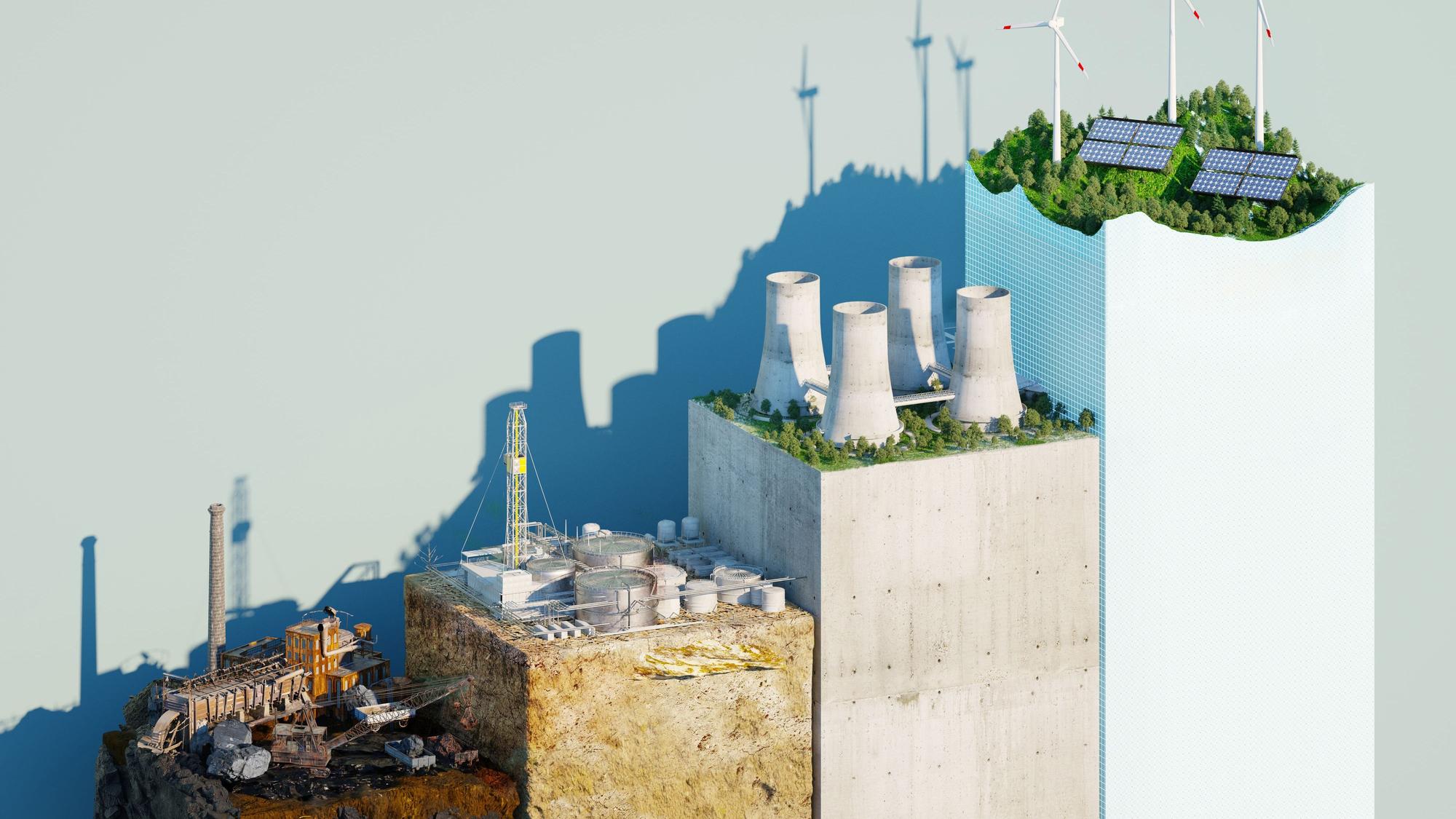 Auf einer Treppe sind die verschiedenen Stufen der Energiewende zu sehen, von der klimaschädlichsten Kohle bis hin zu Erneuerbaren Energien.