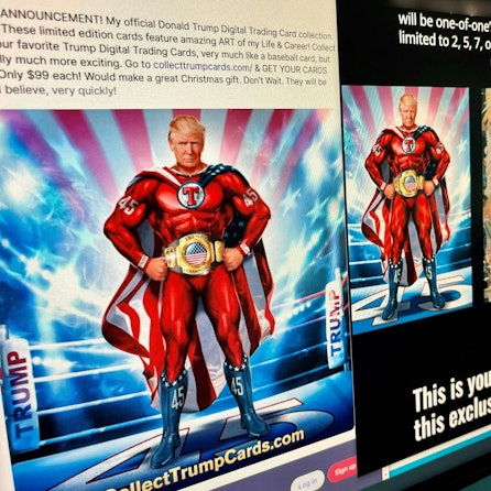 Auf seinen digitalen Sammelkarten stellt sich Trump als Superheld dar.