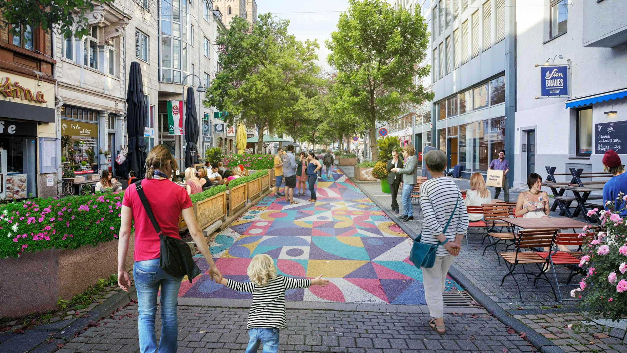 In einer Visualisierung gehen Menschen über die bunt bemalte Deutzer Freiheit.
