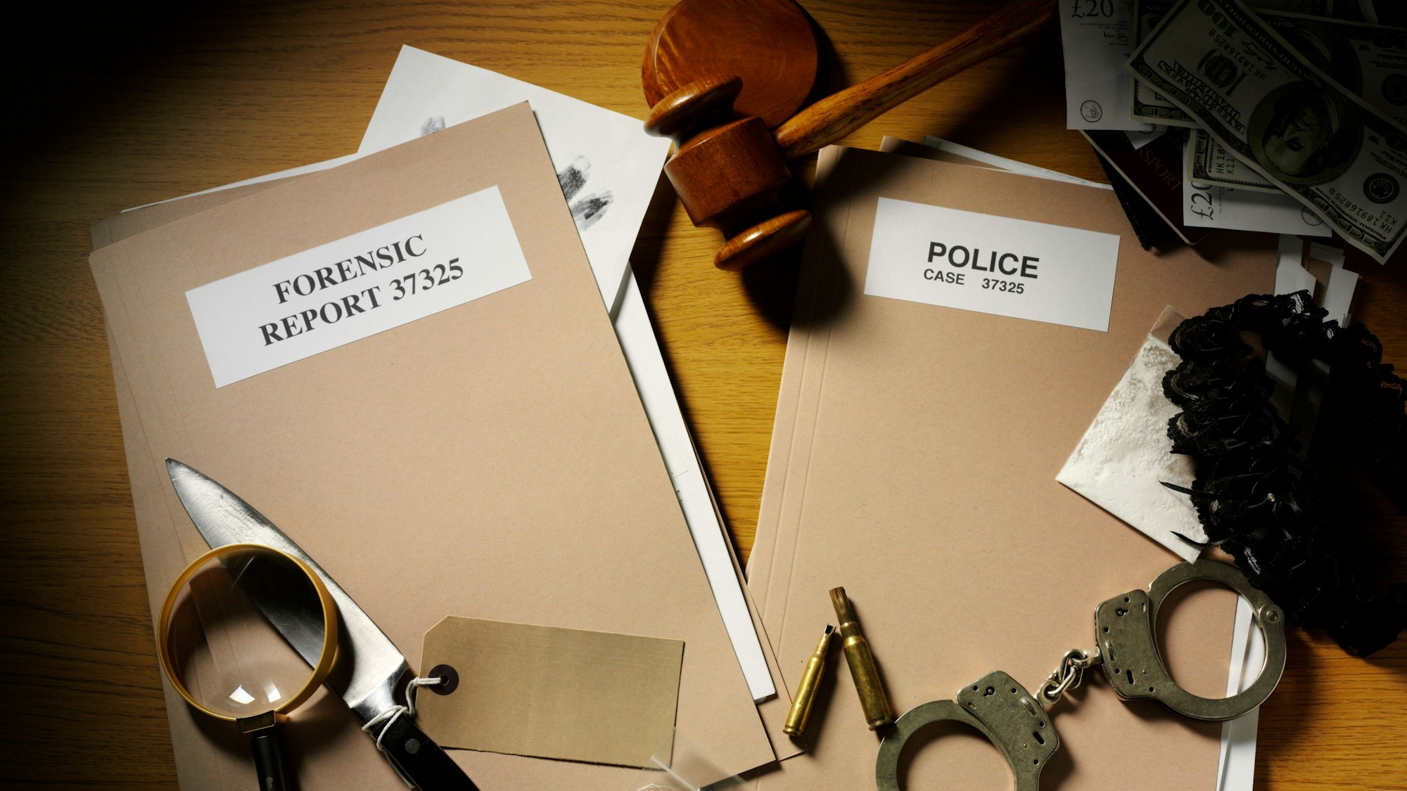 Ein forensischer Report, eine Lupe, ein Messer und Handschellen liegen auf einem Tisch.