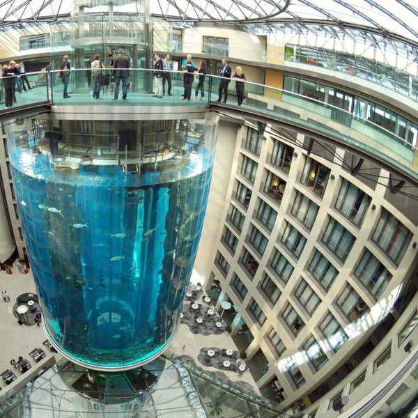 Blick auf den AquaDom als er noch nicht geplatzt war. Es ist ein großer Zylinder in der Mitte eines Hotels. Oben drüber ist eine Brücke, die zu dem Aufzug im Aquarium führen.