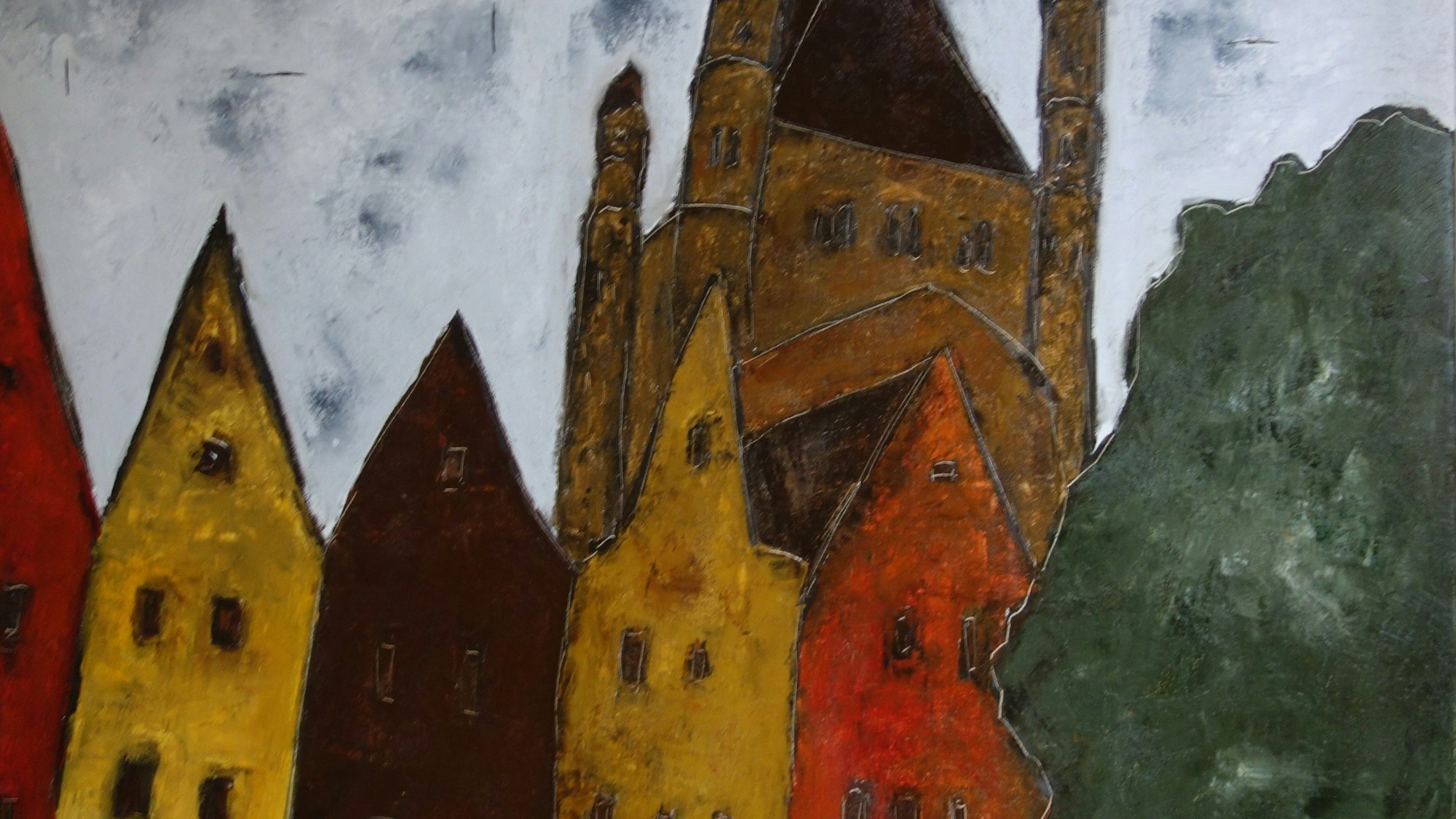 Eine Darstellung von Groß St. Martin in Erdtönen mit bunten Altstadthäusern im Vordergrund. Gemalt wurde das Bild vom Barlach-Preisträger Alexander Dettmar.