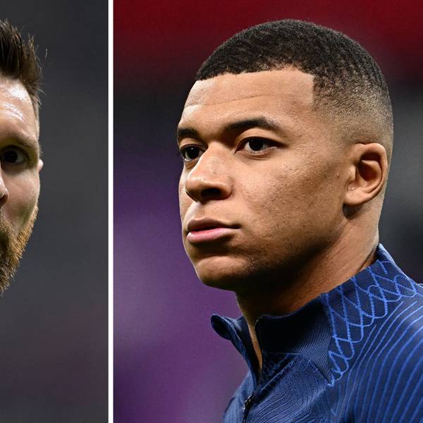 Dieses Kombinationsfoto, das am 15. Dezember 2022 während der Fußballweltmeisterschaft in Katar 2022 aufgenommen wurde, zeigt den argentinischen Stürmer Nr. 10 Lionel Messi (L) in Al-Rayyan, westlich von Doha, am 3. Dezember 2022 und den französischen Stürmer Nr. 10 Kylian Mbappe in Al Khor.