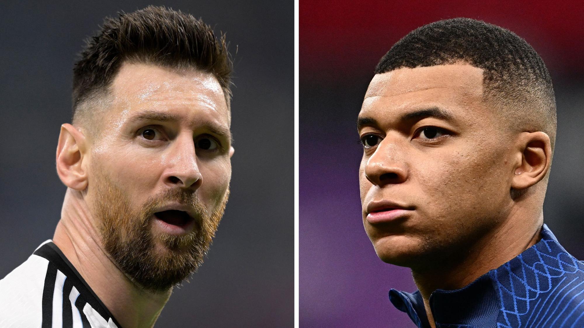 Dieses Kombinationsfoto, das am 15. Dezember 2022 während der Fußballweltmeisterschaft in Katar 2022 aufgenommen wurde, zeigt den argentinischen Stürmer Nr. 10 Lionel Messi (L) in Al-Rayyan, westlich von Doha, am 3. Dezember 2022 und den französischen Stürmer Nr. 10 Kylian Mbappe in Al Khor.