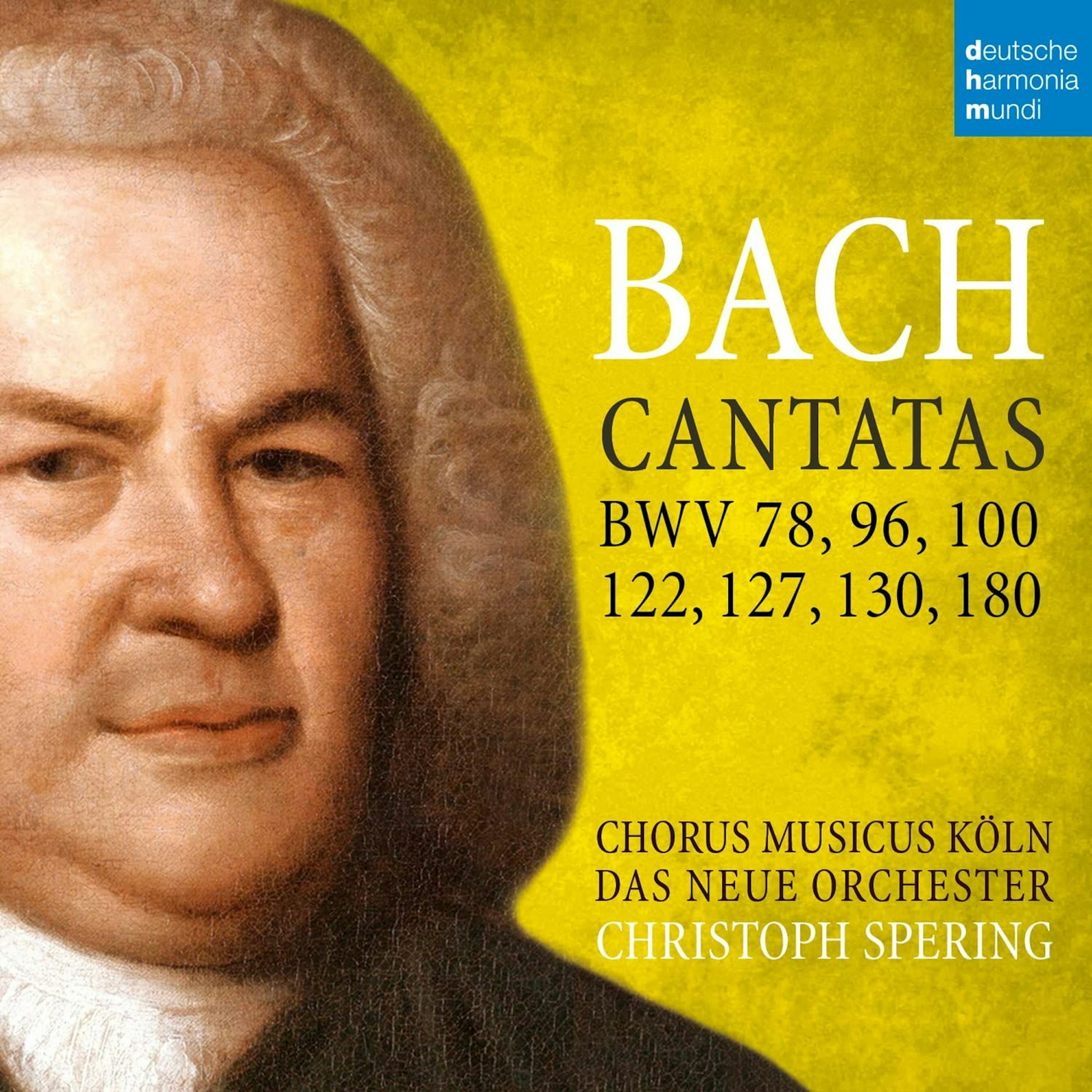 Das CD Cover zeigt links ein Portrait von Bach, daneben die Aufschrift Bach Cantatas. Der Hintergrund ist gelb.