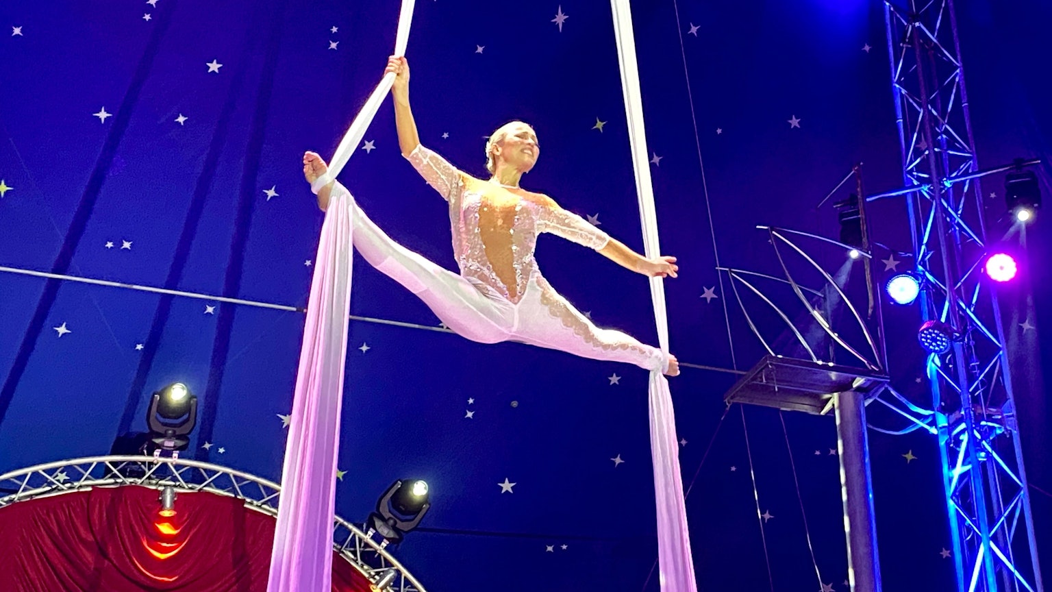 Karola Casselly hängt unter der Zirkuszeltdecke an zwei seidenen Tüchern und performt ihre Akrobatiknummer.