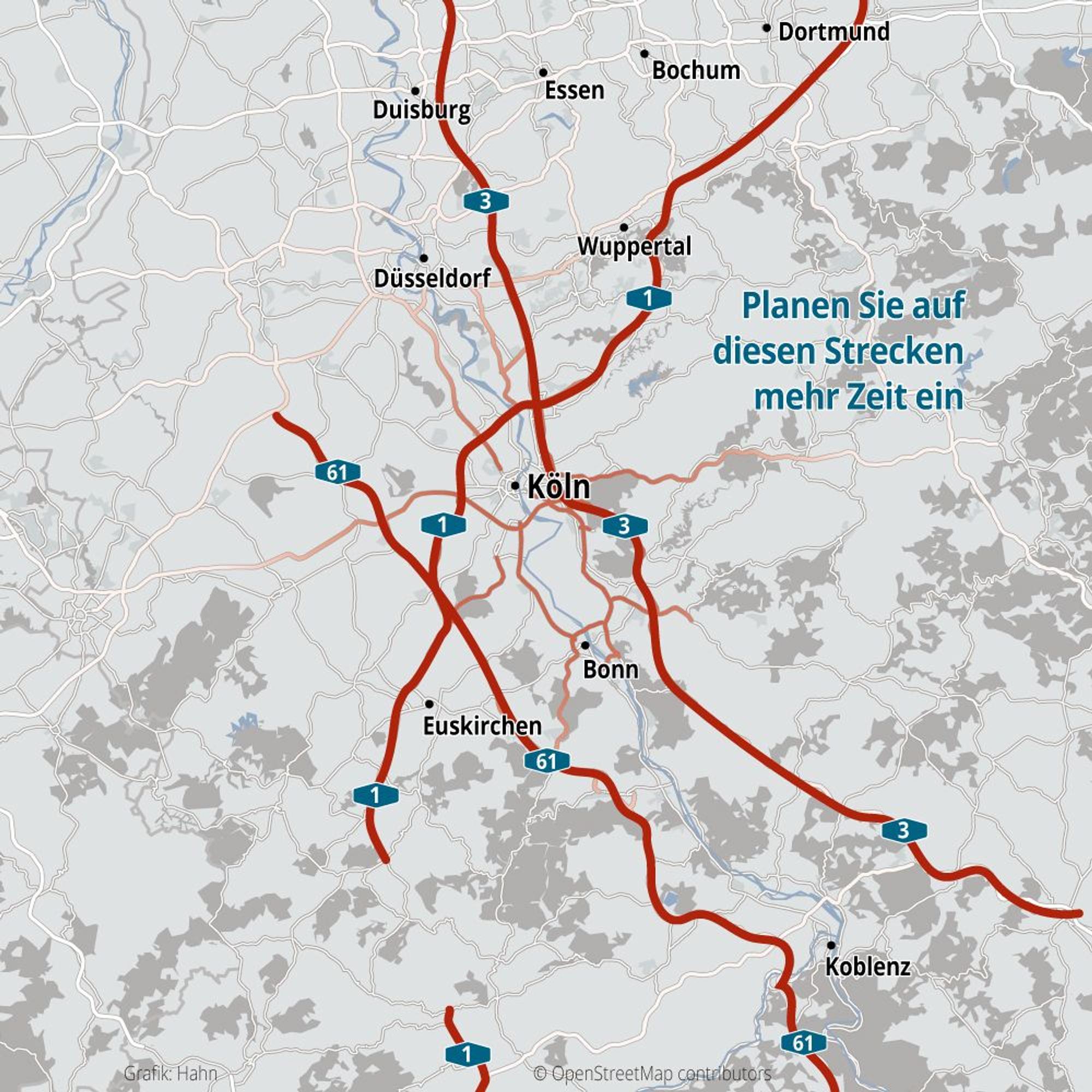 Eine Grafik zeigt durch Autoverkehr belastete Strecken ab Köln: u.a. A1, A3 und die A61.
