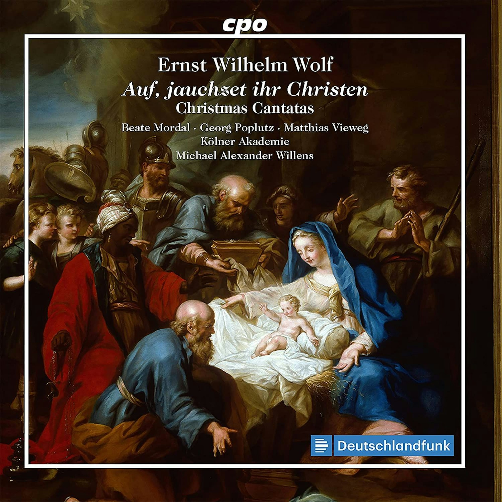 Das CD Cover zeigt, wie die drei Weisen den neugeborenen Jesus beschenken. Hinter dem Kind breitet Maria die Arme aus.
