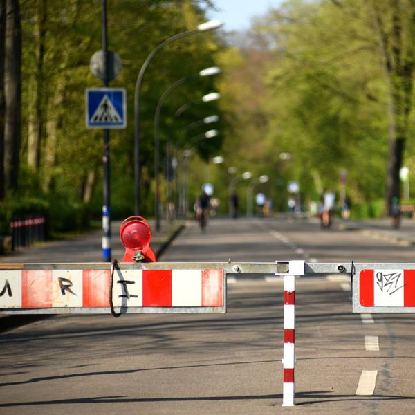 Im Hitergrund sieht man eine gesperrte Straße mit zwei Streifen. Links und rechts wachsen Bäume.