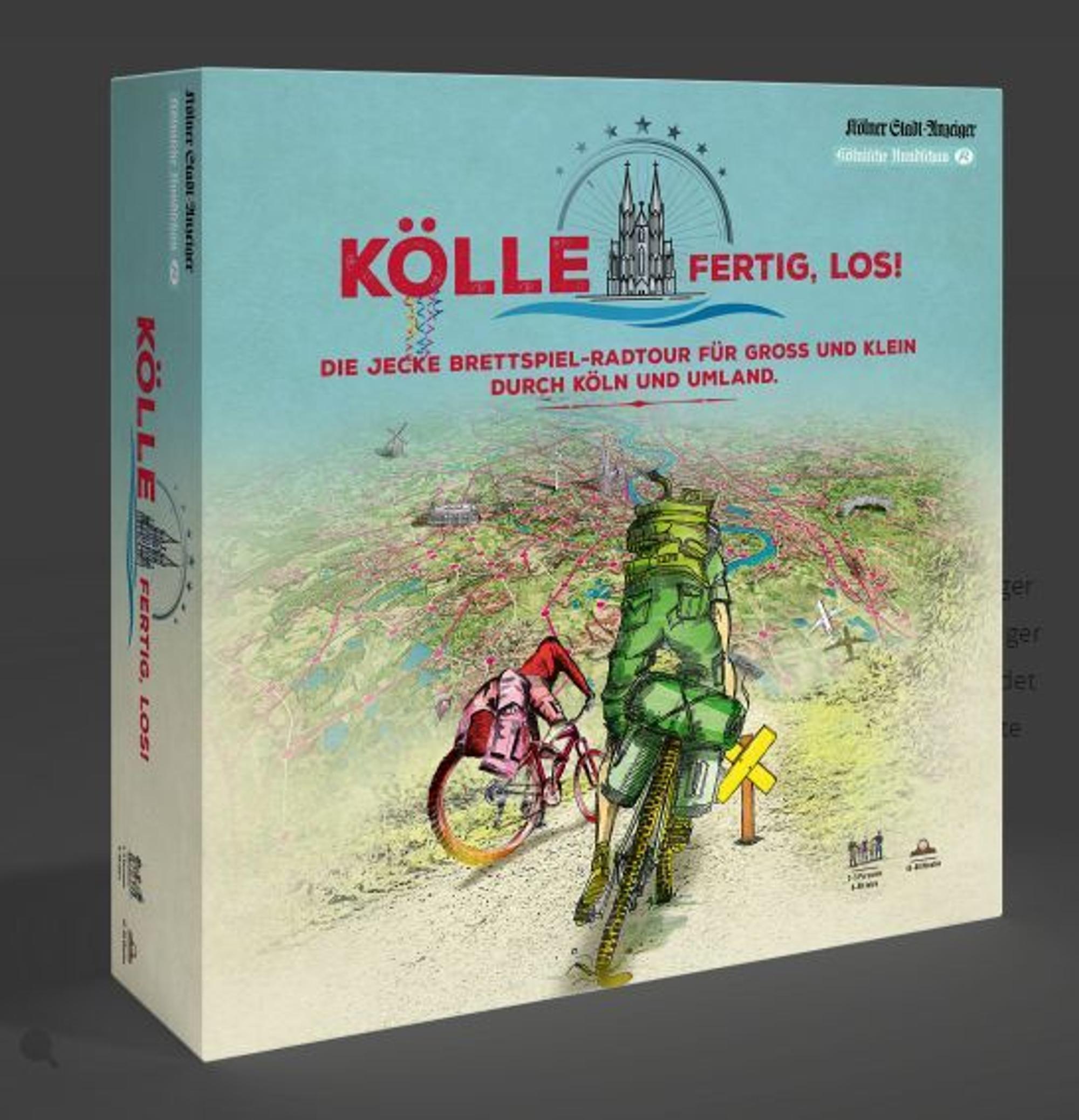 Das Spiel „Kölle, fertig, los!“ von vorne in der Verpackung.