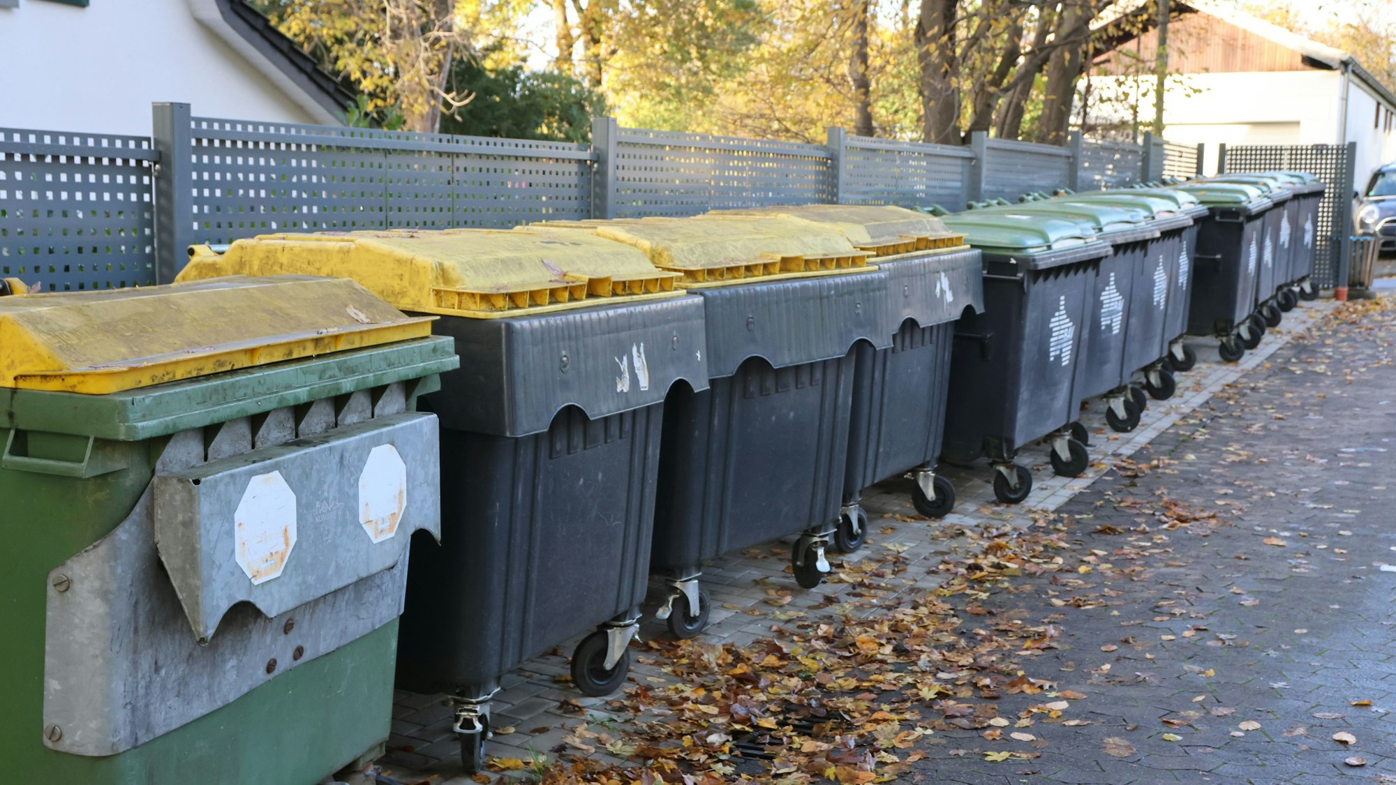 Müllbehälter hinter dem Rathaus am Straßenrand