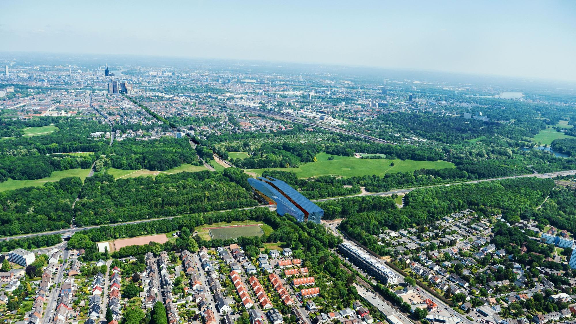 Die Visualisierung zeigt das geplante Mobilitätszentrum über der Autobahn 4 von oben, im Hintergrund ist Köln zu sehen.