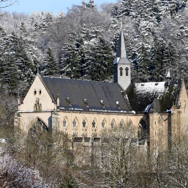Die Bäume um den Altenberger Dom herum sind verschneit.