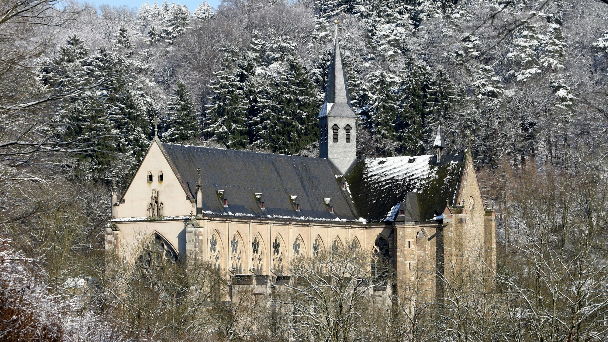 Die Bäume um den Altenberger Dom herum sind verschneit.