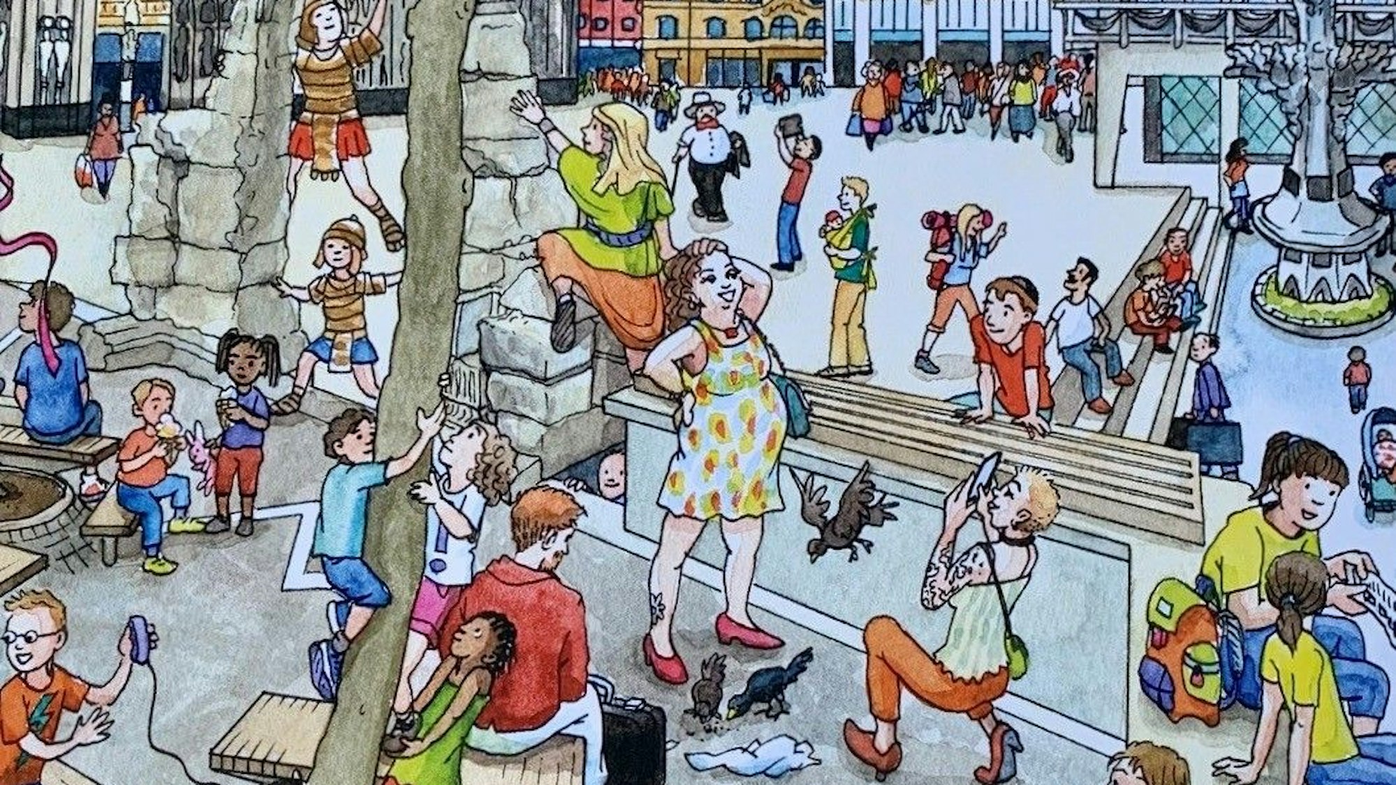 Das Kölner Wimmelbuch ist illustriert von Brigitte Kuka. Hier eine Szene auf der Kölner Domplatte mit vielen Menschen und dem Bogen der römischen Wasserleitung.