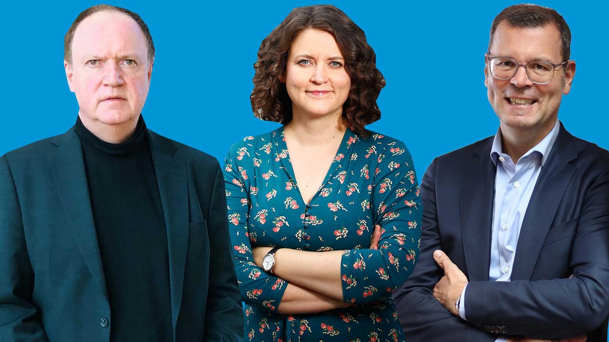 Bildkombination Gerhard Voogt, Anne Burgmer und Carsten Fiedler vor blauem Hintergrund
