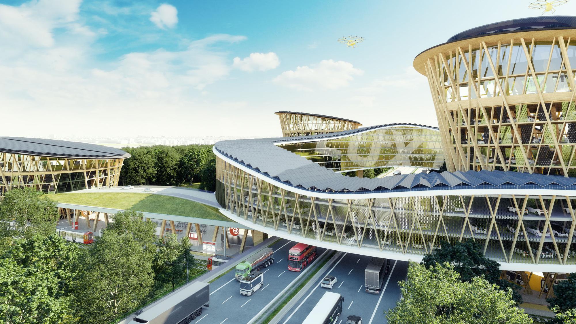 Die Visualisierung zeigt das geplante Mobilitätszentrum über der Autobahn 4.