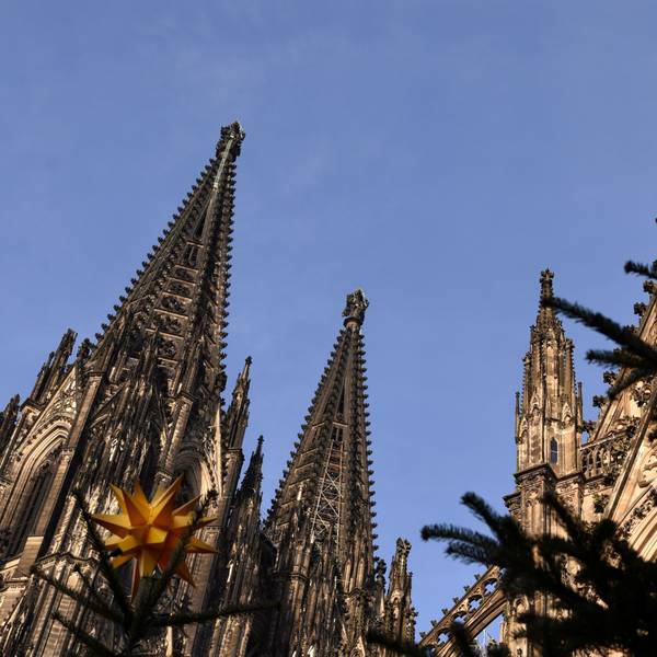 Der Kölner Dom hinter weihnachtlichem Schmuck des Weihnachtsmarkts.