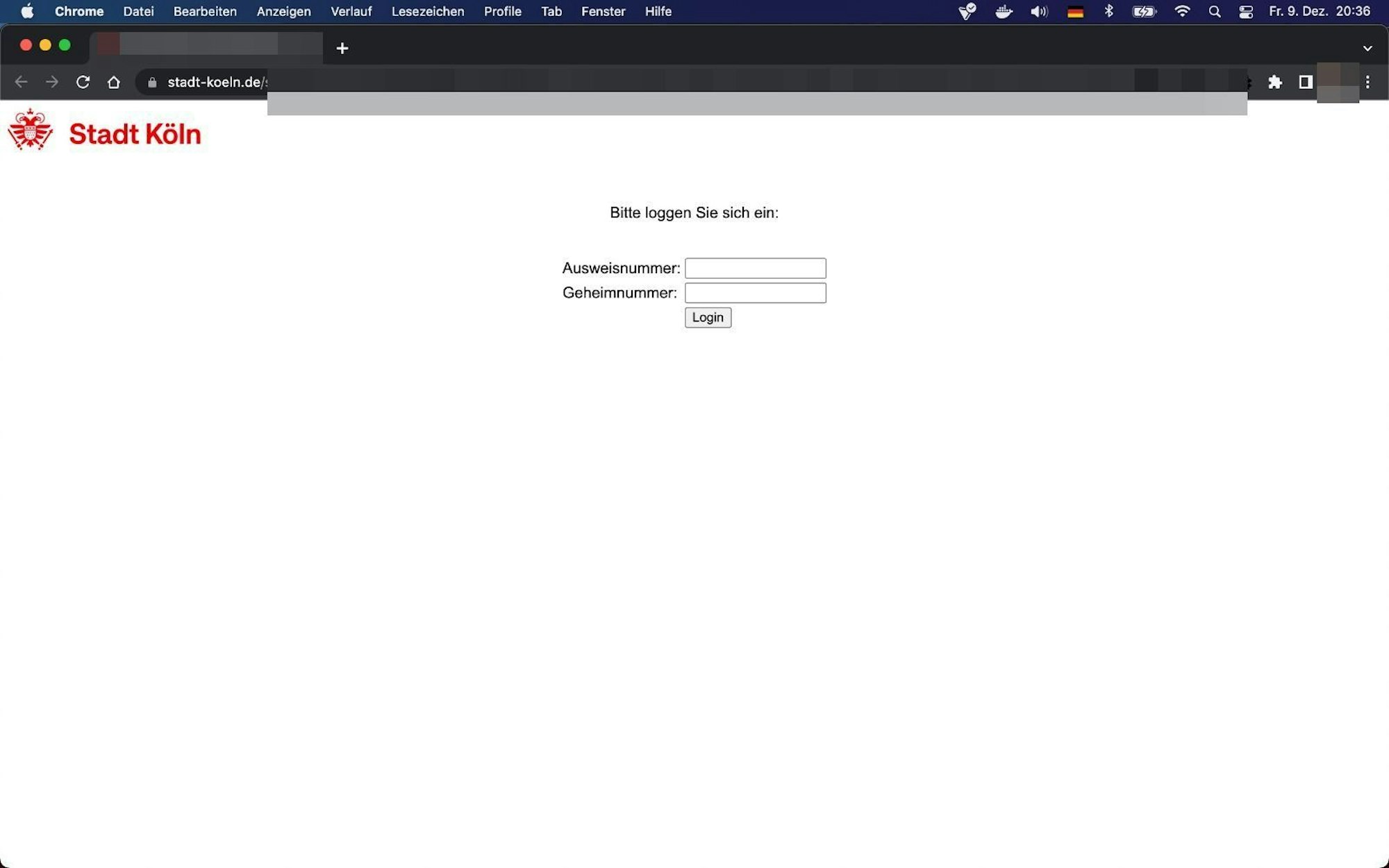Ein Screenshot zeigt ein Anmeldefenster auf einer vermeintlichen Webseite der Kölner Stadtverwaltung.