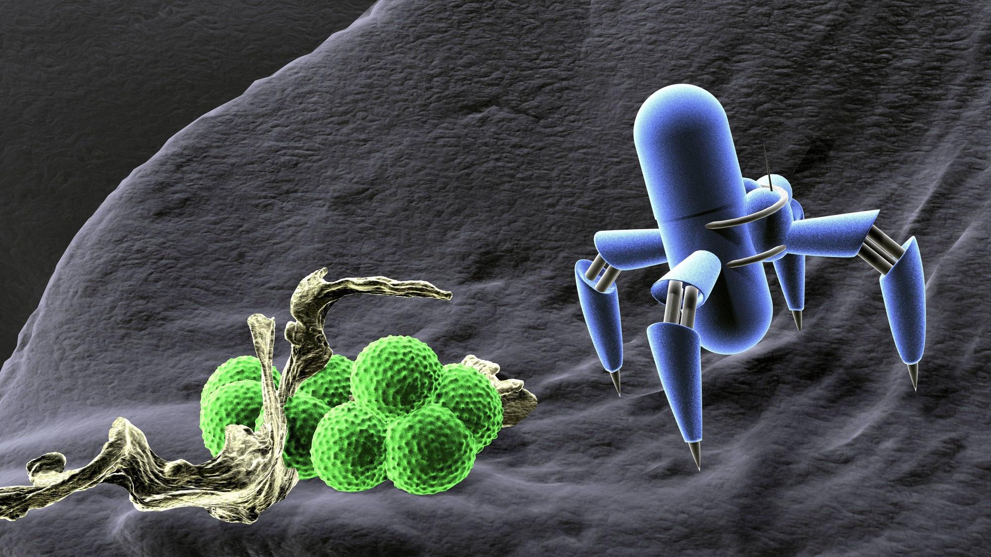 3D-Abbildung eines blauen Nanoroboters, daneben grüne Bakterien.