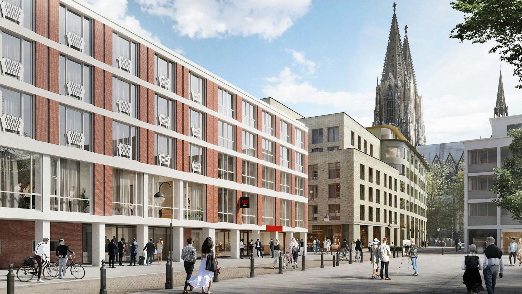 Die Visualisierung zeigt mehrere neue Gebäude, im Hintergrund ist der Dom zu sehen.
