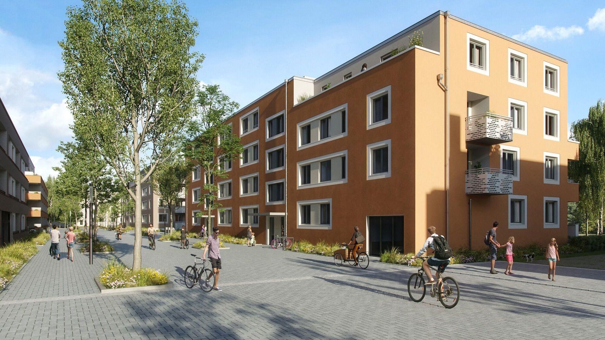 Visualisierung einer Neubau-Straßenreihe mit Radfahrern, Fußgängern und Bäumen.