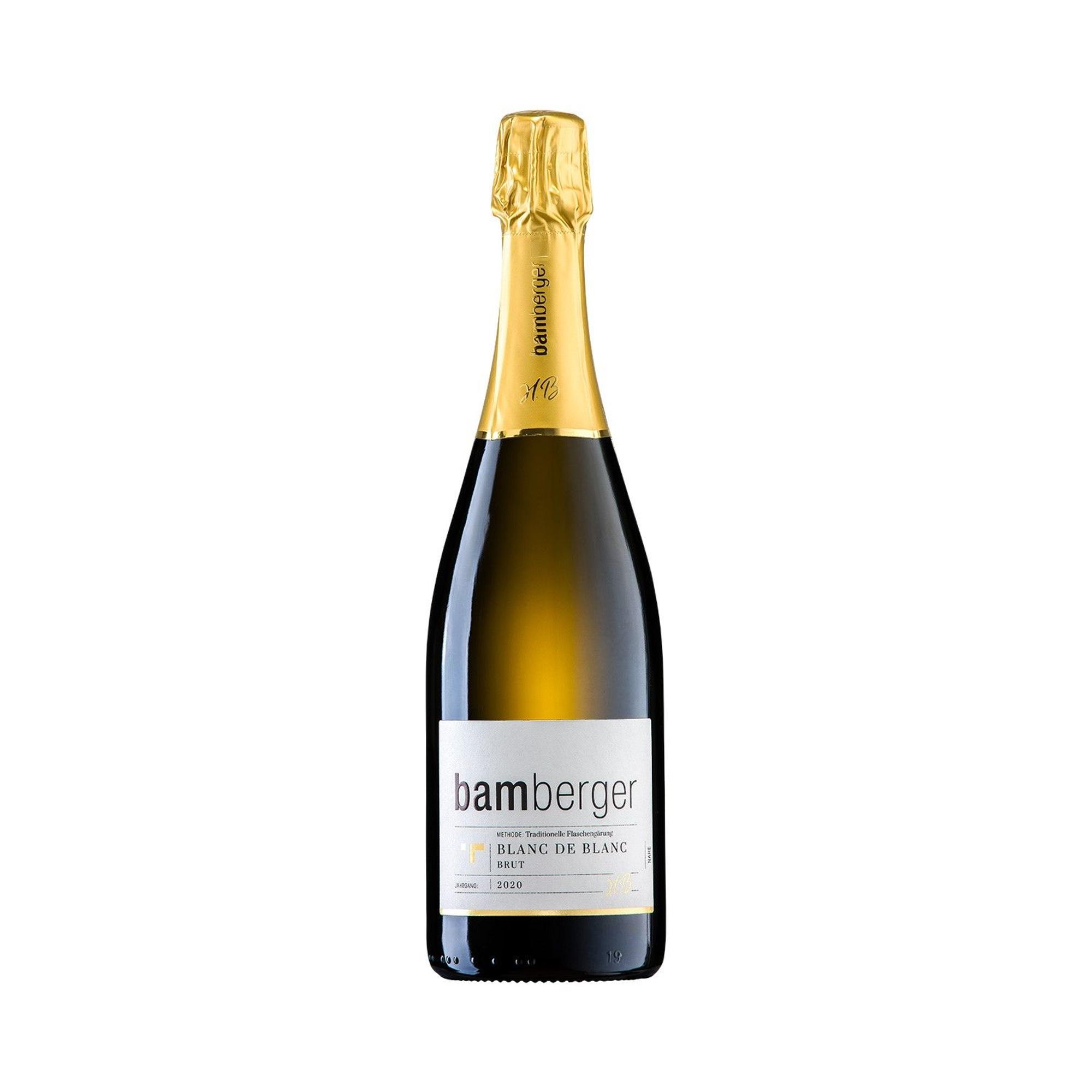 Eine Flasche 2020 Blanc de Blanc brut aus dem Wein- und Sektgut Bamberger.
