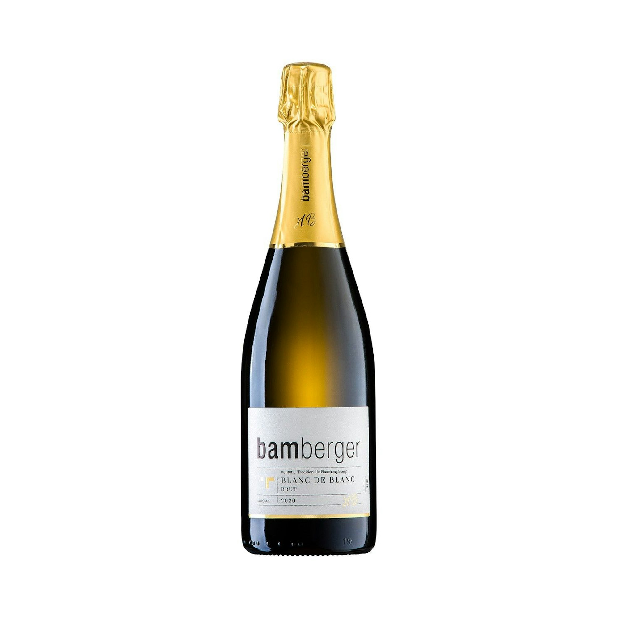 Eine Flasche 2020 Blanc de Blanc brut aus dem Wein- und Sektgut Bamberger.