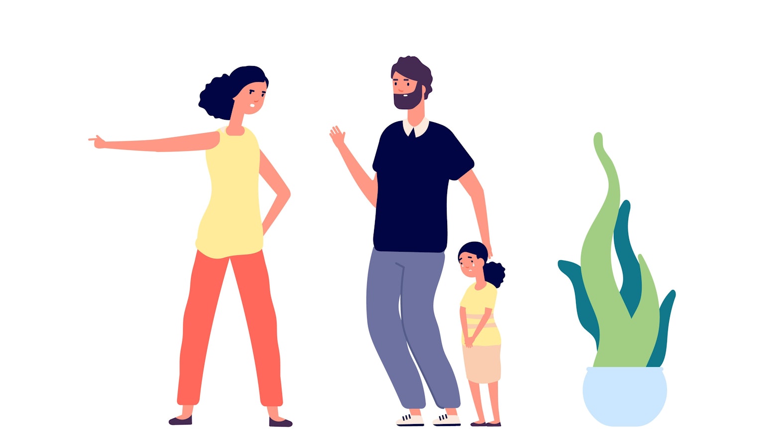 Eine wütende Mutter schreit, ein Mädchen weint und ein Vater versucht, die Tochter zu trösten.