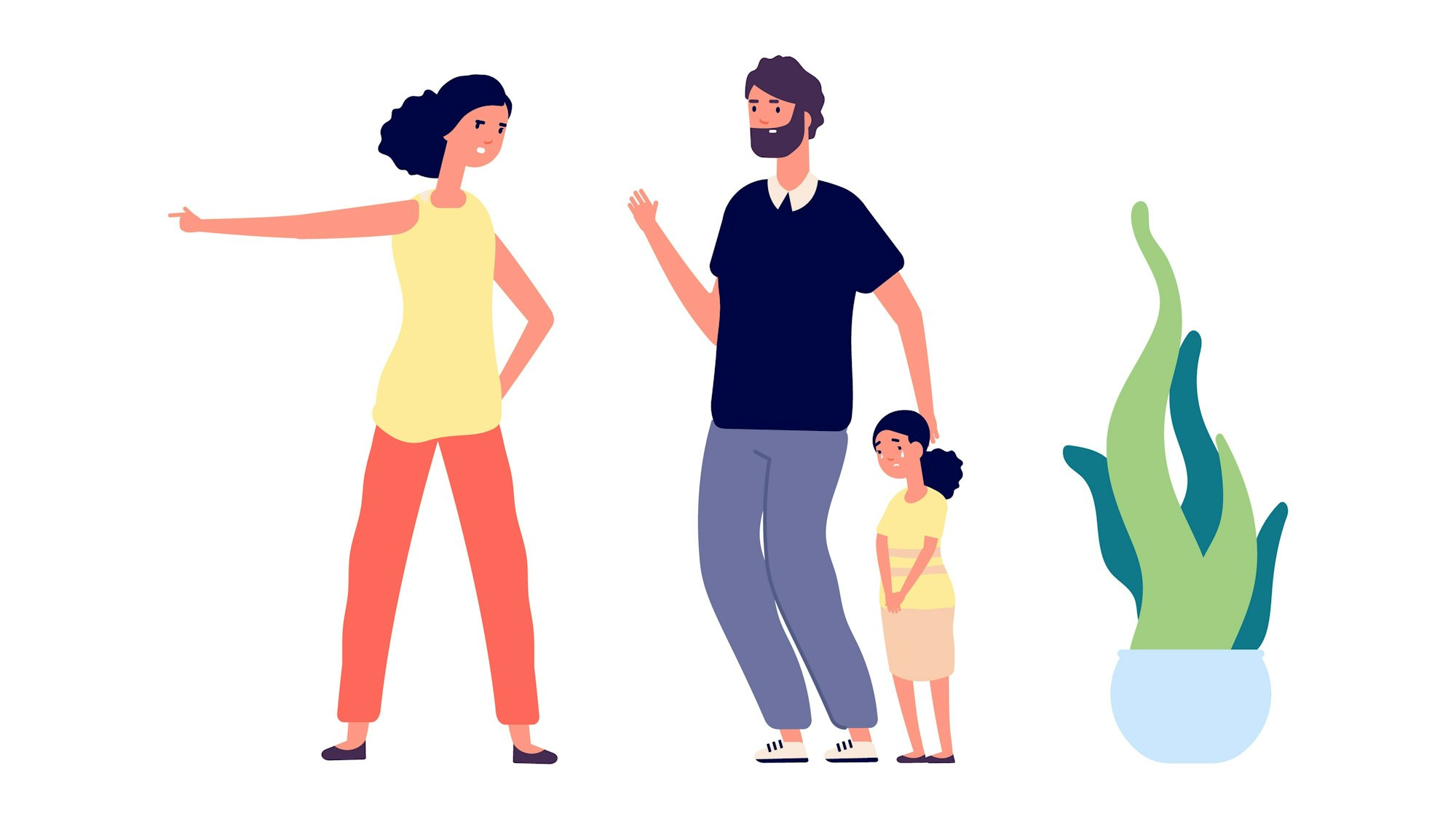 Eine wütende Mutter schreit, ein Mädchen weint und ein Vater versucht, die Tochter zu trösten.